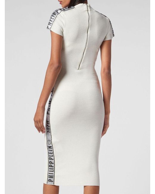 Philipp Plein White Ribbed-Knit Sheath Midi Dress With Rhinestone Embroidery