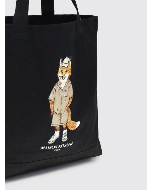 Maison Kitsuné Black Maison KitsunÉ Printed Cotton Tote Bag for men
