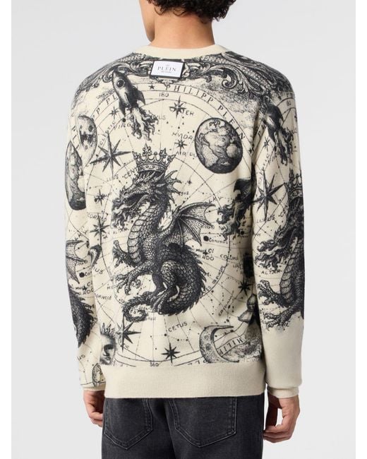 Philipp Plein Gray Cashmere Crew-Neck Jumper With Graphic Print And Back Logo for men