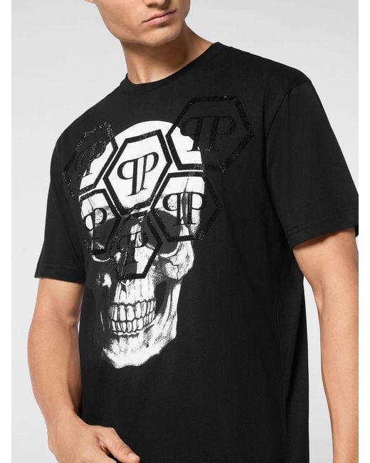 Philipp Plein Black Cotton T-Shirt With Skull Print And Rhinestone Hexagon Logo for men