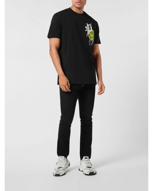 Philipp Plein Black Cotton T-Shirt With Graphic Print And Contrasting Logo for men