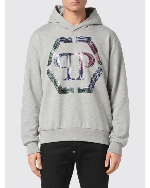 Philipp Plein Gray Cotton Hoodie With Hexagon Logo And Monogram for men