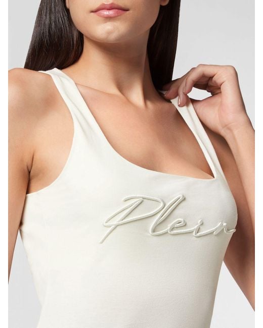 Philipp Plein White Slim Fit Jersey Tank Top With Square Neck And Embroidered Logo
