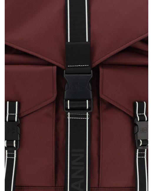 Ganni Red Recycled Polyamide Backpack With Flap And Adjustable Buckles