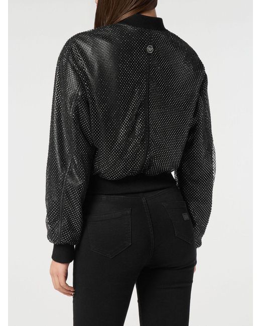 Philipp Plein Black All Over Crystal Nappa Crop Bomber