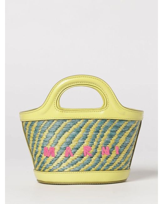 Marni Blue Tropicalia Mini Raffia And Leather Bag With Embroidered Logo
