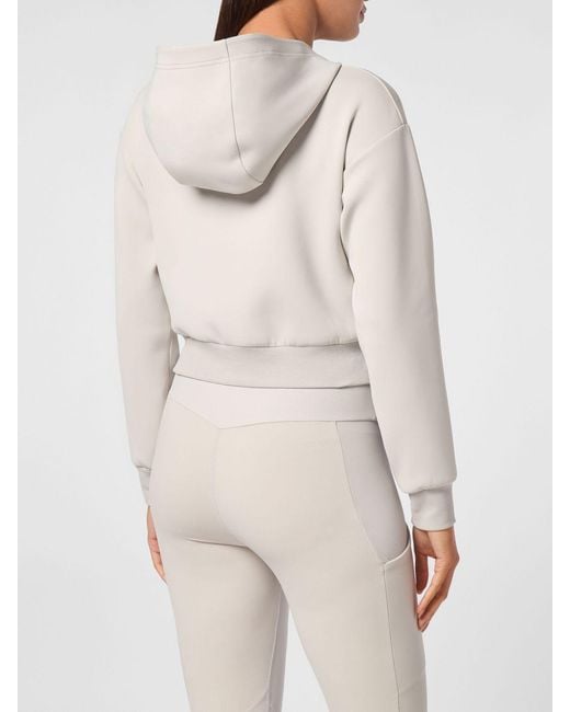 Philipp Plein Natural Cropped Hooded Jersey Sweatshirt With Contrasting Logo