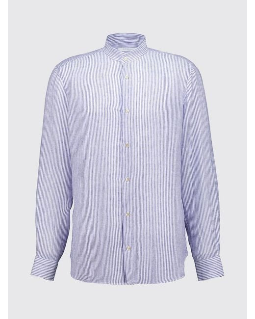 Boglioli Blue Striped Linen Slim Fit Shirt With Mandarin Collar for men
