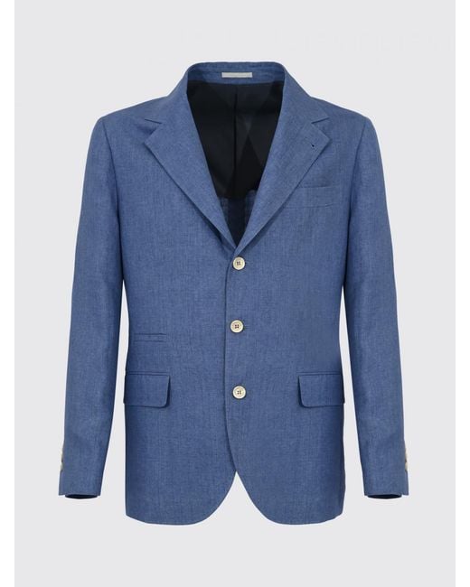 Brunello Cucinelli Blue Single-Breasted Linen Blazer for men