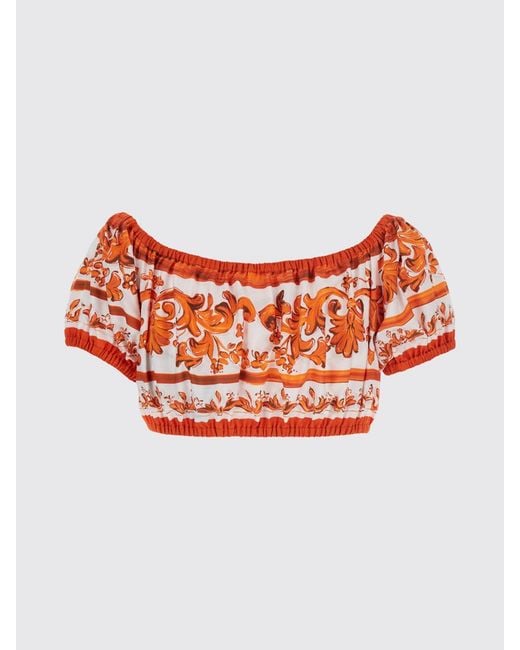 Dolce & Gabbana Orange Dolce &Amp Gabbana Cropped Cotton Top With Maioliche Print And Boat Neck