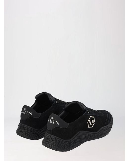 Philipp Plein Black Low Top Leather And Suede Sneakers With Hexagon Logo for men