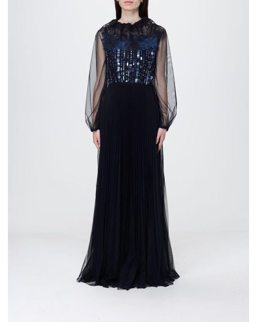Fabiana Filippi Blue Crêpe Long Dress With Embroidery