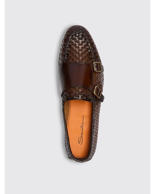 Santoni Brown Premium Leather Loafers With Woven Detail And Double Buckle Closure for men