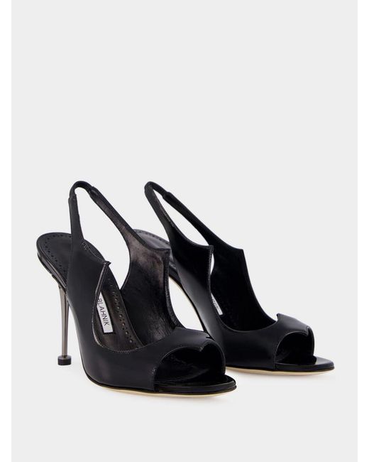 Manolo Blahnik White Minza High-Heeled Patent Leather Slingback Sandals