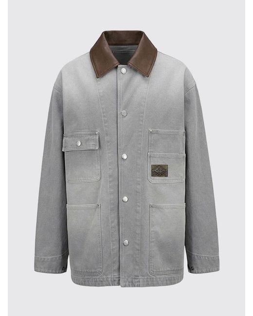 Wooyoungmi Gray Cotton Denim Jacket With Leather Collar And Dropped Shoulders for men