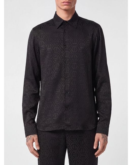 Philipp Plein Black Silk Shirt With All-Over Monogram Print And Hexagon Logo for men