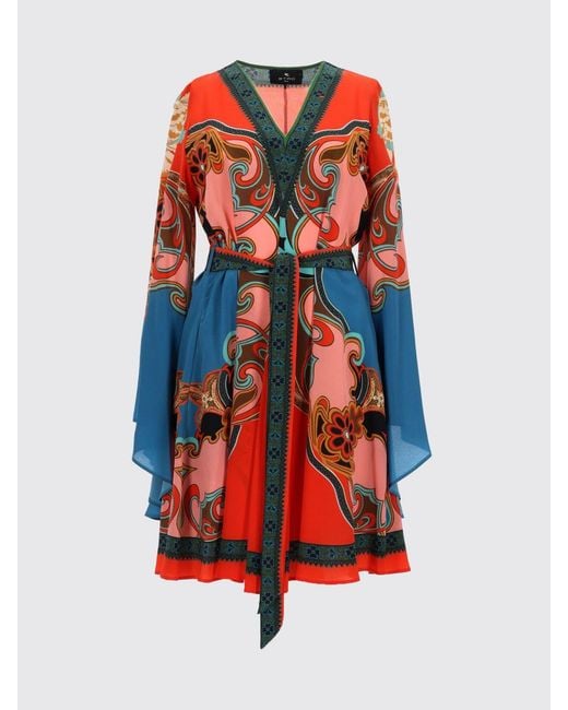 Etro Red Paisley Print Silk Mini Dress