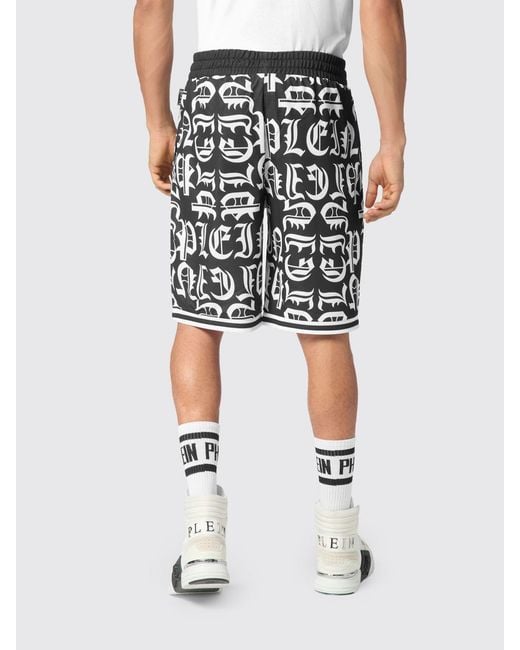 Philipp Plein Black Gothic Jersey Sport Shorts With Monogram Logo Print for men