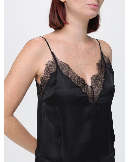 Anine Bing Black V-Neck Silk Blend Evening Top With Lace Inserts And Thin Straps