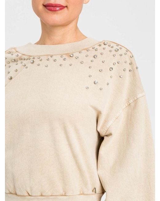 Twinset Natural Cotton Cropped Sweatshirt With Rhinestones