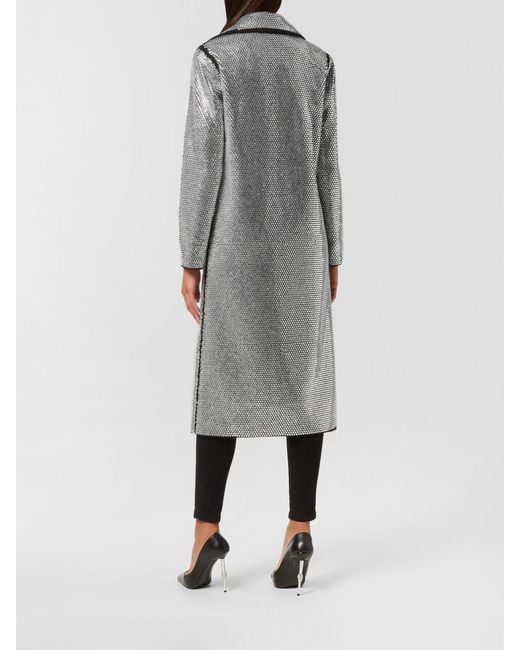 Philipp Plein Gray Long Double-Breasted Coat With Crystals And Peak Lapels