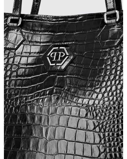 Philipp Plein Black Crocodile Print Leather Bag