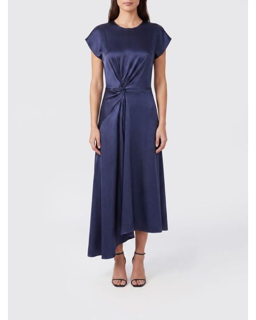 Victoria Beckham Blue Asymmetric Satin Midi Dress With Short Sleeves