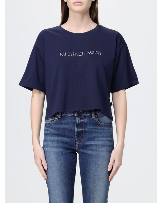 Michael Kors Blue Cotton Crop T-Shirt With Logo