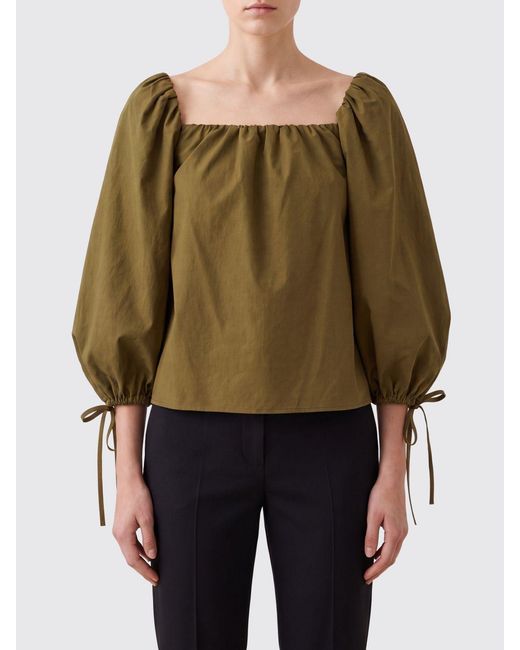 Saint Laurent Green Cotton-Blend Blouse With Puff Sleeves And Square Neckline