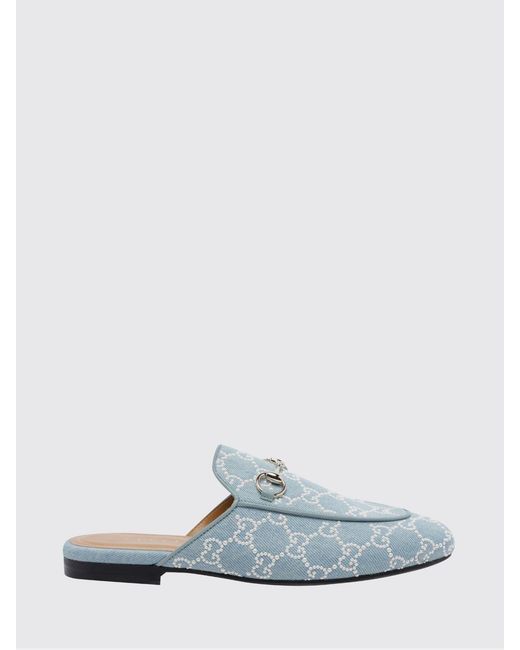 Gucci White Princetown Cotton Denim Slippers With Beaded Gg Monogram