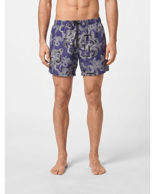 Philipp Plein Blue Printed Polyester Swimsuit for men
