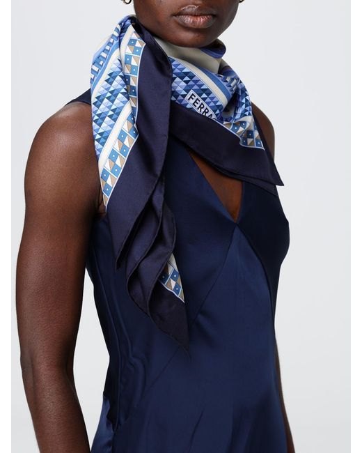 Ferragamo Blue Renaissance Geometries Print Silk Scarf