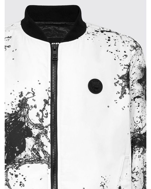 Philipp Plein Gray Splash Abstract Print Technical Fabric Bomber Jacket With Contrast Logo for men