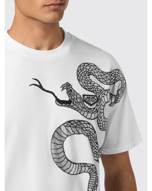 Philipp Plein White Embroidered Snake Print Cotton T-Shirt for men