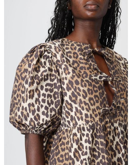 Ganni Natural Animal Print Cotton Shirt Dress