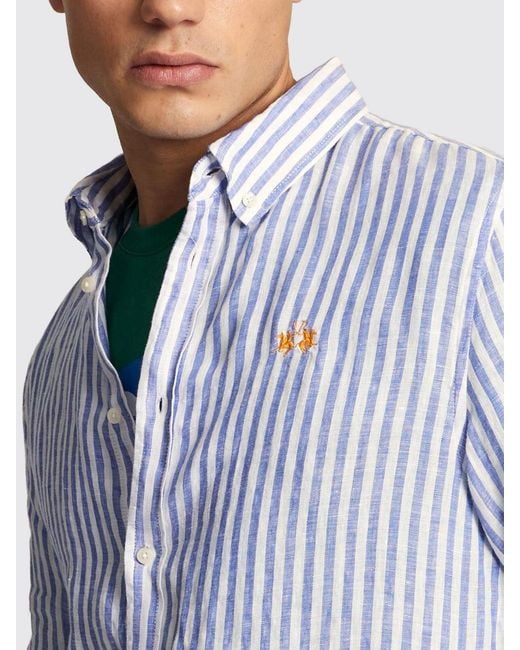 La Martina Blue Striped Linen Shirt for men