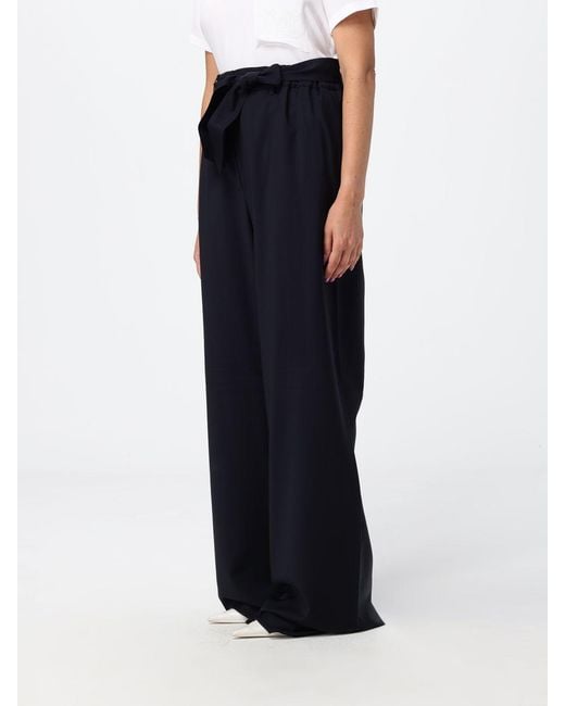 Max Mara Blue Wide Leg Virgin Wool Trousers With Tie Belt