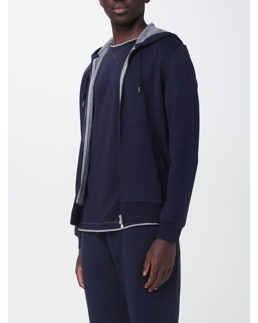 Brunello Cucinelli Blue Full-Zip Cotton Hoodie With Drawstring for men