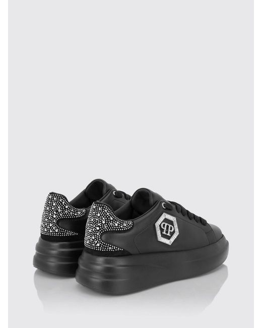 Philipp Plein Black Leather Chunky Sneakers With Hexagon Logo And Rhinestones