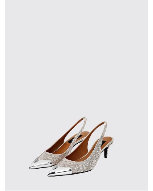 Philipp Plein White Leather Slingback Pumps With Crystal Skull And Mid Heel