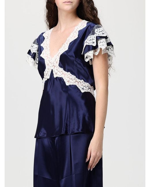 Alberta Ferretti Blue Satin Blouse With Lace Inserts