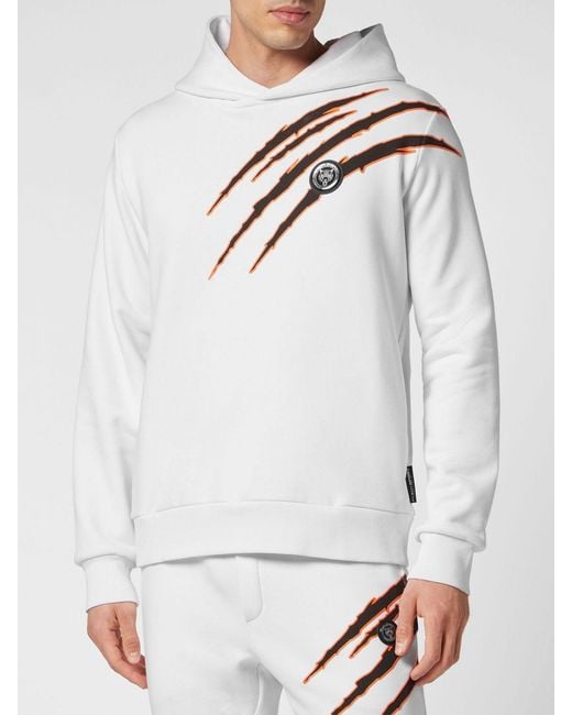 Philipp Plein White Cotton Hoodie With Graphic Print And Hexagon Logo for men