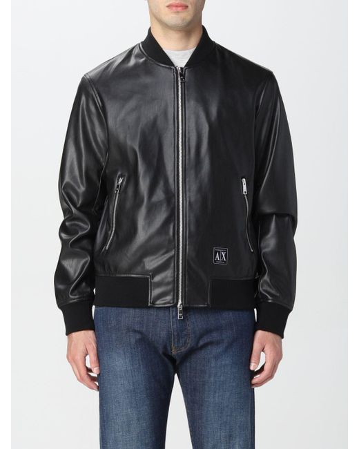 Armani Exchange Black Synthetic Leather Bomber Jacket for men