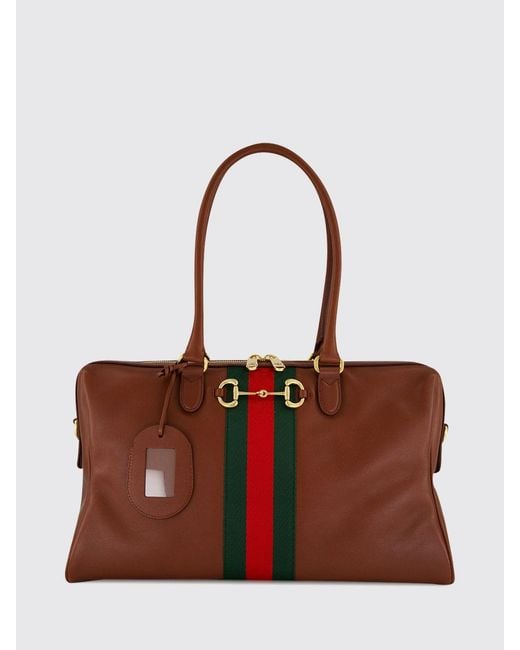 Gucci Brown Calfskin Leather Shoulder Bag With Horsebit Detail And Web Stripe