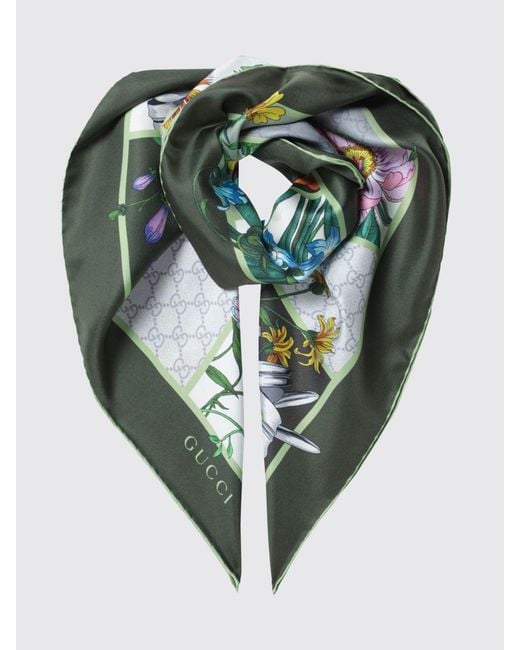 Gucci Green Gg Monogram And Floral Motif Silk Twill Scarf