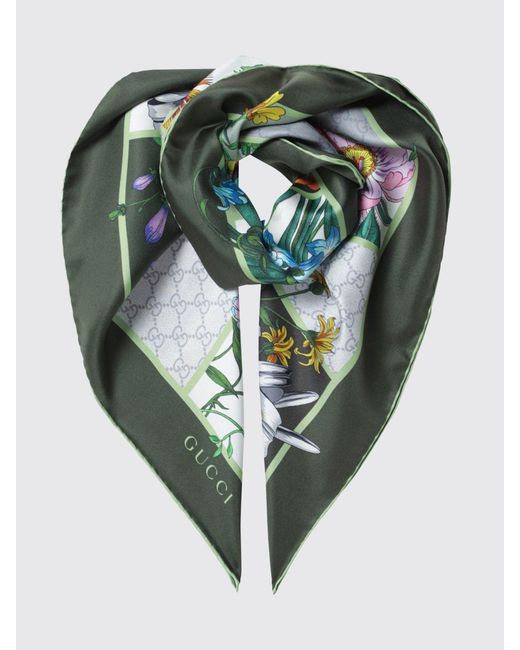 Foulard De Sarga De Seda Con Monograma Gg Y Motivo Floral Gucci de color Green