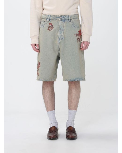 Drole de Monsieur Gray Cotton Denim Bermuda Shorts With Floral Embroidery for men