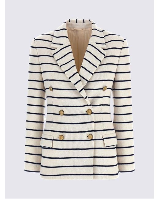 Brunello Cucinelli White Striped Cotton Double-Breasted Blazer