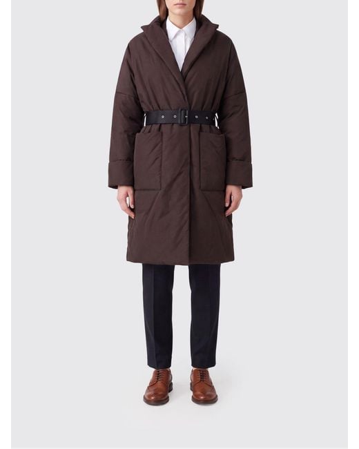 Semicouture Brown Long Quilted Down Jacket With Adjustable Waist Belt
