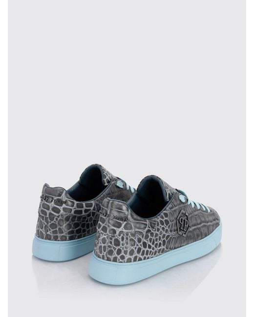 Philipp Plein Blue Crocodile-Print Leather Low-Top Sneakers With Hexagon Logo for men